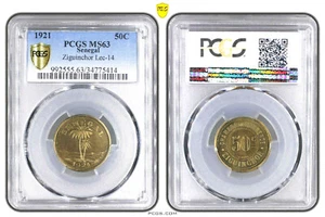 SENEGAL Brass 50 Centimes 1921 PCGS MS63 Ziguinchor Rare!   - Picture 1 of 3