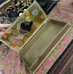 Vtg Lucite Acrylic Hinged Tissue Box Cover Gold MCM Stained Glass Look Multicolo - Picture 1 of 14