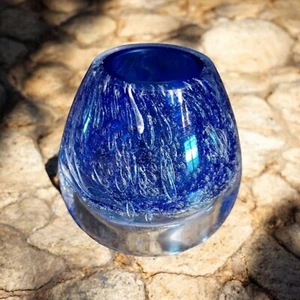 Vtg Hand Blown Glass Vase 3.5"Cobalt Blue Clear Bubble Votive Tea Light Holder - Picture 1 of 6