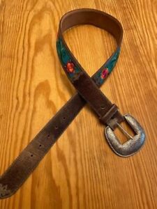  JUSTIN Western Brown Leather Belt w/Floral Inlay Silver Buckle C21125 Size 34