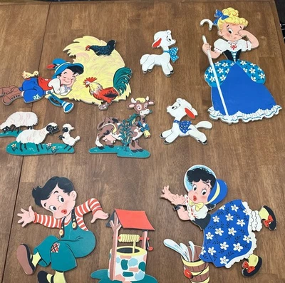 Винтажный полный набор из 3 Mother Goose Pinups Jack & Jill, Bo Peep, мальчик синий - Изображение 1 из 4