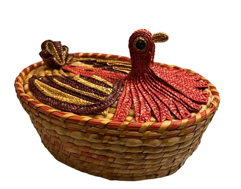 Vintage Rooster Chicken Bird Woven Wicker Basket Lid on Nest 8” Cover