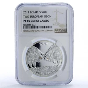 Belarus 20 roubles Two Bisons Bulls Wildlife Fauna PF69 NGC silver coin 2012 - Picture 1 of 2