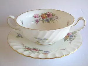 Minton Marlow Footed Cream Soup Bowl & Saucer 2 Handles Globe Backstamp - Picture 1 of 11