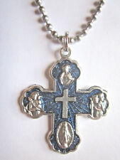 Catholic Five Way Medal Cross 1 3/8" w Blue Enamel Italy Necklace 24" Ball Chain