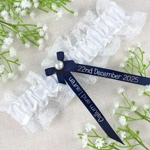 Personalised Garter - Navy Blue with Silver Text - Something Blue Wedding Bride - Picture 1 of 3