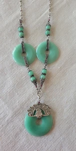 Old Chinese Art Deco Style Silver & Natural Green Jade Pendant Hand Carved Discs - Picture 1 of 11