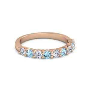 925 Silver Round 2.5MM White Cz Blue Topaz Eternity Rose Plated Women Ring - Picture 1 of 7