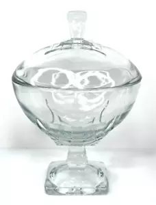 Vintage EAPG Clear Glass Covered Compote Heavy Square Base Diamond Art Deco 8" - Picture 1 of 9