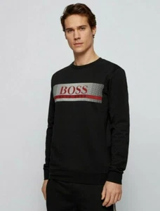 Mens Hugo Boss Authentic Sweatshirt Black Red Crew Neck French Terry M L XL - Picture 1 of 5