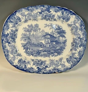 Plato de transferencia azul inglés victoriano largo 16", paisaje, "China ginebrina" - Imagen 1 de 11