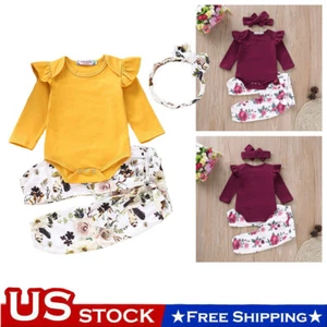 3PCS Newborn Baby Girl Clothes Floral T Shirt Tops Pants Headband Outfits Sets - Picture 1 of 14