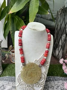 Silver Plated Vintage Jade & Red Coral necklace Spiritual Healing Fine Jewelry - Picture 1 of 8