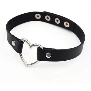 Leather Heart Choker Collar Punk Goth Adjustable Rivet Necklace Love O-Ring - Picture 1 of 9