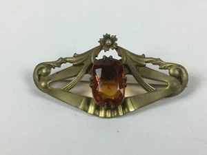 Victorian Collar Pin, Amber Rhinestone, Seed Pearl, C-clip, Art Nouveau Design - Picture 1 of 8