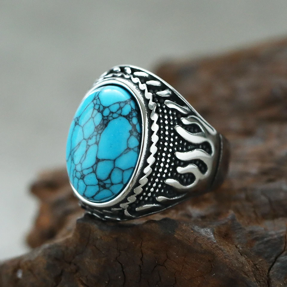 Men's Fire Pattern Blue Turquoise Wedding Ring Stainless Steel Jewelry Size 7-13 Foto 1 de 1