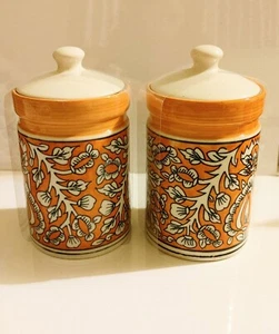 Orange White Floral Canister Jars With Lids lot of 2 - Picture 1 of 3