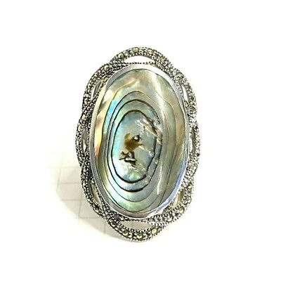 (TALLA 6) ENORME ANILLO DE CÓCTEL CONCHA DE ABULÓN Marcasita .925 PLATA ESTERLINA Foto 1 de 4