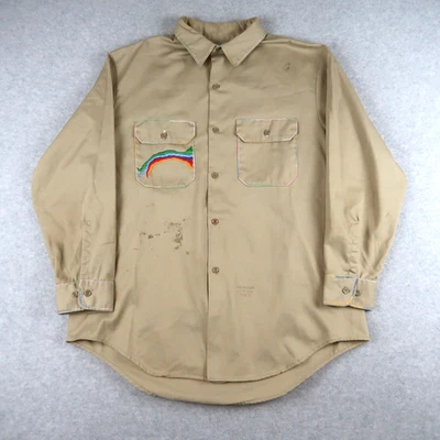 Vtg 60s 70s Big Mac Mens XL Khaki Hand Embroidered Hippie Work Button Shirt USA - Image 1 of 4