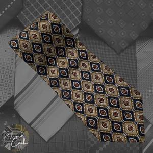 Pierre Balmain Blue and Gold Alternating Diamond Pattern Silk Pointed Necktie - Picture 1 of 6