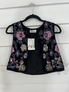 New ZARA Kids Girls Black Floral Velvet Sequin Spark Vest Size 11-12 Years Y272C - Picture 1 of 13