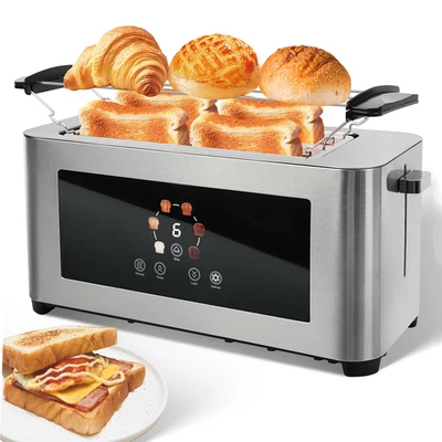 Toaster 4 Slice Long Slot Stainless Steel Bun Top Toast Machine 6 Speed Settings - Image 1 of 4