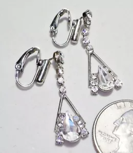 Stunning Vintage Teardrop/Round White Rhinestone Cup Chain Dangle Clip Earrings - Picture 1 of 3