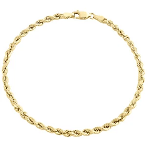 10K Yellow Gold 3mm Hollow Diamond Cut Rope Link Bracelet Lobster Clasp 7-9 Inch - Picture 1 of 10