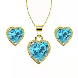 14k Yellow Gold 1/2 Ct Created Blue Topaz CZ Full Set Necklace 18 inch Plated - Picture 1 of 1