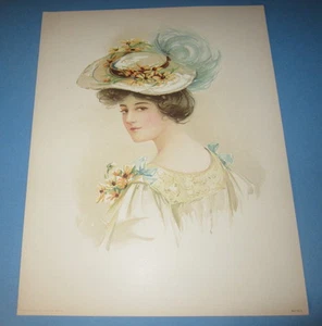 Old Vintage 1908 - Antique VICTORIAN PRINT - Lady - DAISIES - Flower HAT - Picture 1 of 1