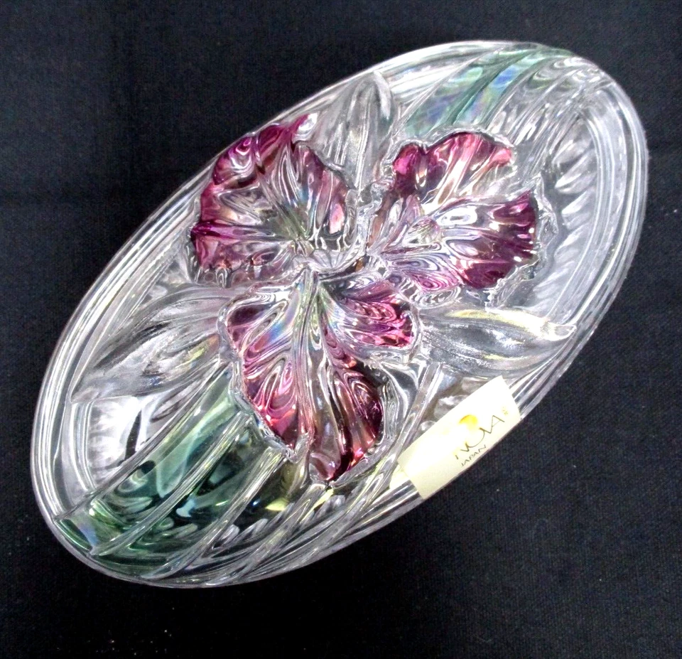 Vintage Candy Dish Lid Trinket Clear Glass Iris Flower Lid Studio Nova Japan 80s - Image 1 of 4