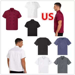 Men Chef Coat Solid Color Kitchen Cook Uniform Jacket Canteen Bakery Chef Shirts - Picture 1 of 74