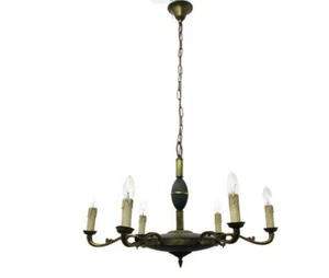 French Empire Chandelier Green Tole Brass 6 arm Hollywood Regency Toleware - Picture 1 of 8
