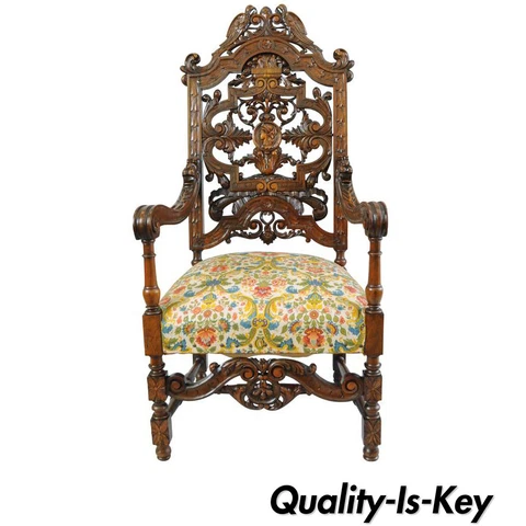 Italian Renaissance Figural Bird & Lion Carved Walnut Throne Captain Arm Chair Cover