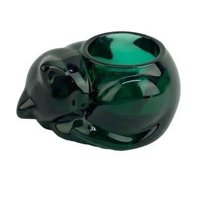 Candelabro votivo vintage Indiana Glass Sleeping Cat verde oscuro Foto 1 de 4