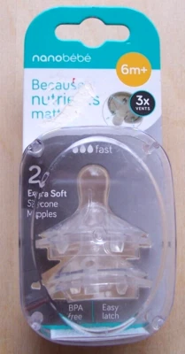 2 NanoBebe Because Nutrients Matter Extra Soft Silicone Nipples 6+M 3 Vents - Image 1 of 3