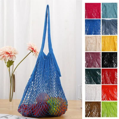 Washable Cotton Mesh String Handbag Woven Cotton Mesh Bag Long Handle Net Tote - Image 1 of 4