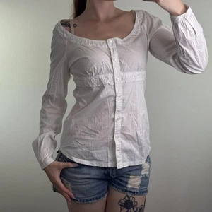 Y2K blusa vintage elasticizzata con bottoni manica lunga collo a scoop broderie anglaise - Foto 1 di 8