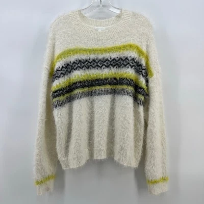Women's Beige Yellow Stripe Fur Hairy Soft Crewneck Sweater XL - Image 1 of 4