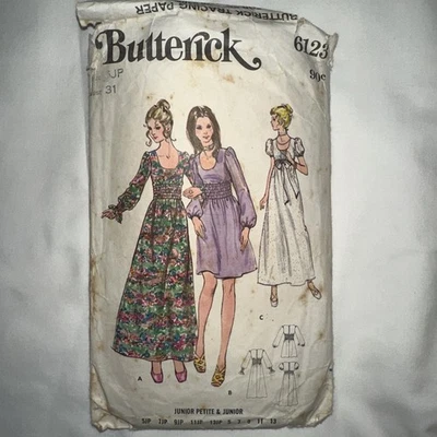 Butterick 6123 Shirred Waist Dress Jnr Petite Sz 5 B: 31” Vintage C.1971 - Image 1 of 4
