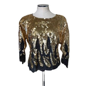 Vintage schwarz & gold Pailletten Perlen Bluse mit gewelltem Saum Gr. 44 M/L - Bild 1 von 7