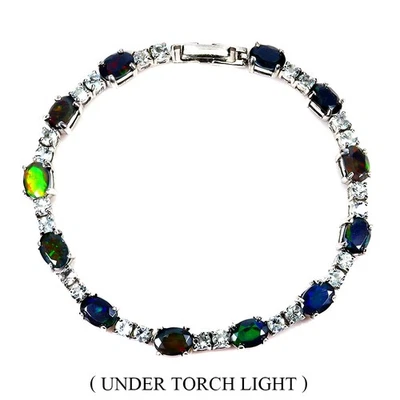 925 Sterling Silver Bracelet Oval Black Opal 7x5mm Aquamarine Gemstone Size 7 - Image 1 of 4