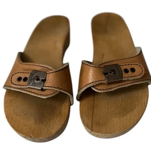 Vintage Dr Scholls Leather Exercise Sandals 7 Women Wood Tan Camel Adjustable - Picture 1 of 10