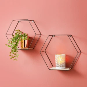 Metal Frame Floating Hexagon Wall Mountable Shelf Home Decor Set of 2pk - Black - Picture 1 of 3