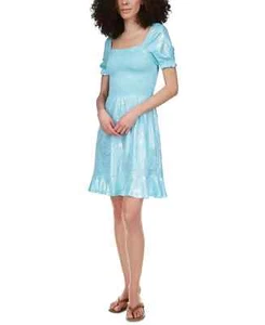 Michael Kors Foil-Print Smocked Peasant Dress Turquoise Blue Size S MSRP $125 - Picture 1 of 4