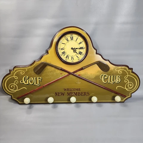 Golf Club Sign Hanging Wall Clock Coat Hat Rack Wood Hand Painted Man Cave Cover