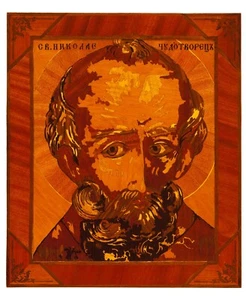 San Nicolás ortodoxo griego bizantino cristiano icono madera intarsia marquetería - Imagen 1 de 12