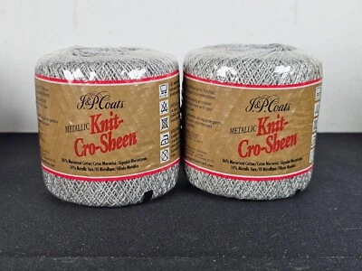 J&P Coats Metallic Knit-Cro-Sheen Crochet Thread Silver 100 Yds Ea Lot/2 Sealed - Image 1 of 2