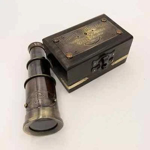 Antique Styled Mini Brass Vintage Telescope With Beautiful Wooden Box Gift Item - Picture 1 of 7