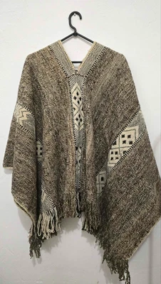 Vintage Mexican Wool Poncho with Aztec Boho Fringe Handmade One Size. - Image 1 of 4